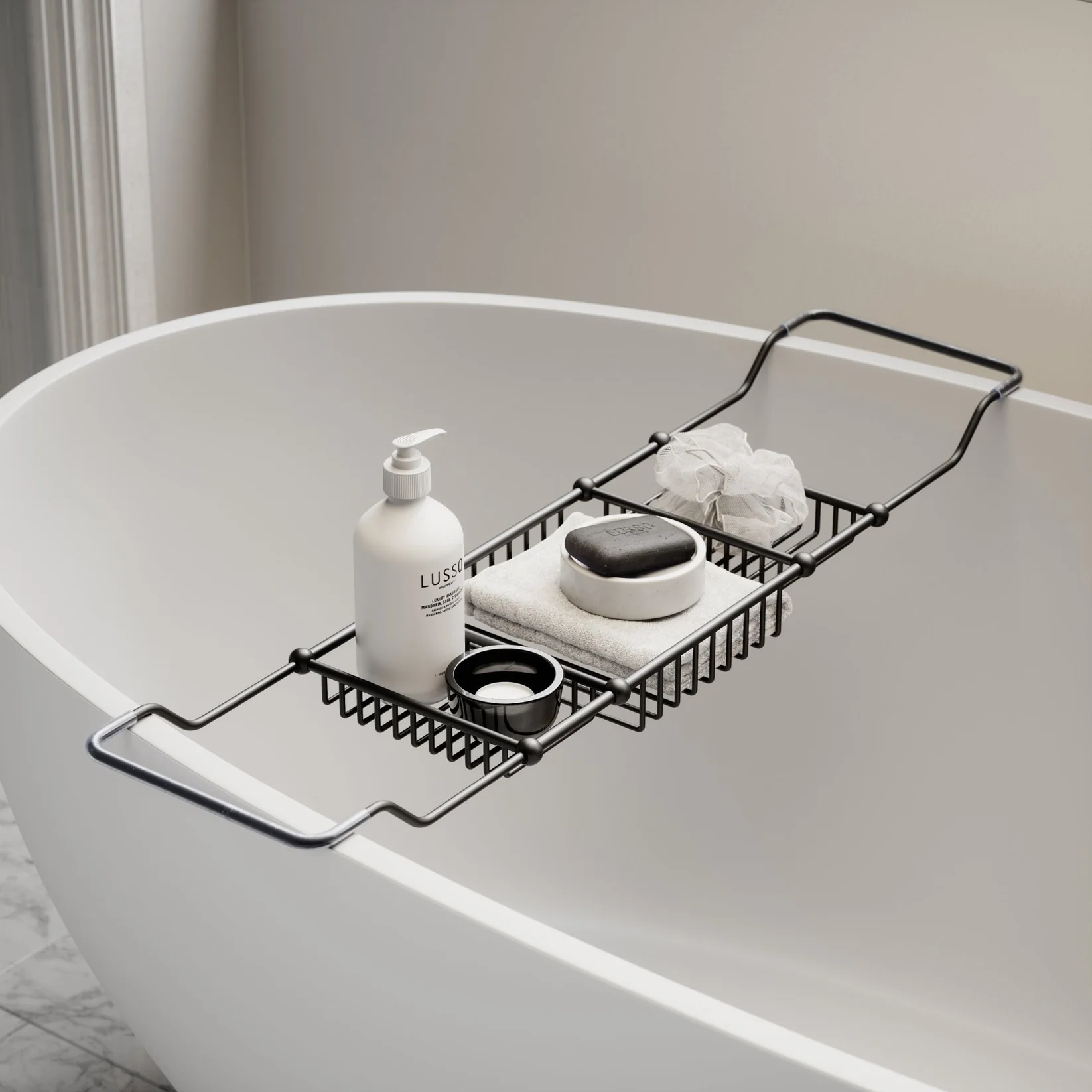 Lusso Decor Matte Black Bath Caddy Rack (730-820mm)