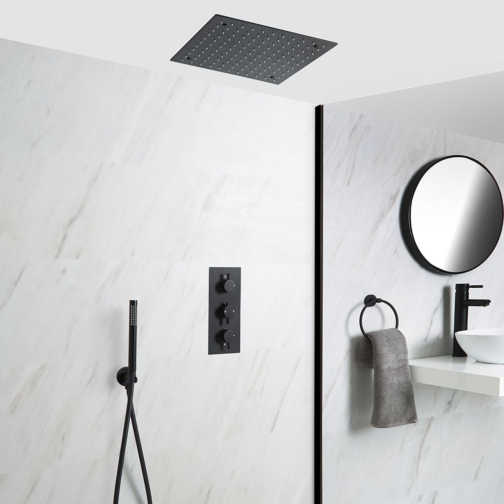 Milano Nero - Modern 400mm Square Ceiling Mounted Recessed Shower Head - Black - Image 2